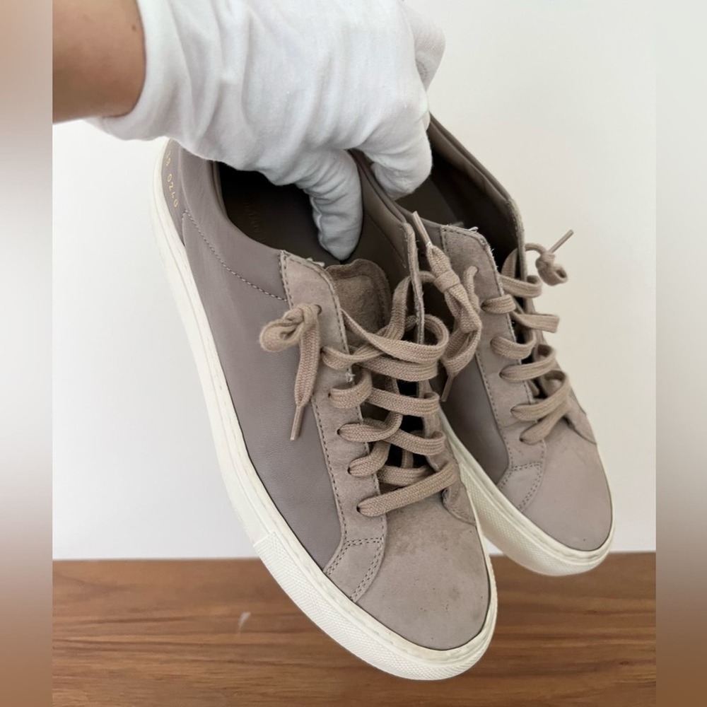 Women's Taupe Leather Sneakers - Picture 9 of 10
